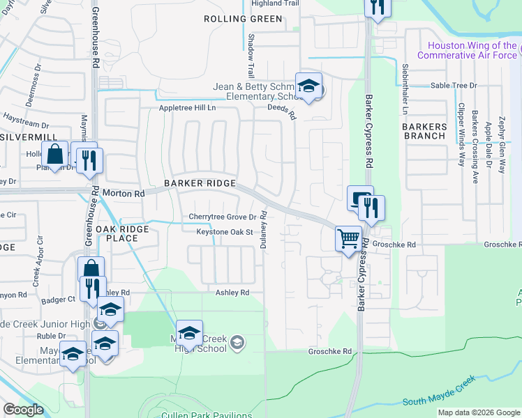 map of restaurants, bars, coffee shops, grocery stores, and more near 3107 Hickory Bend Court in Houston