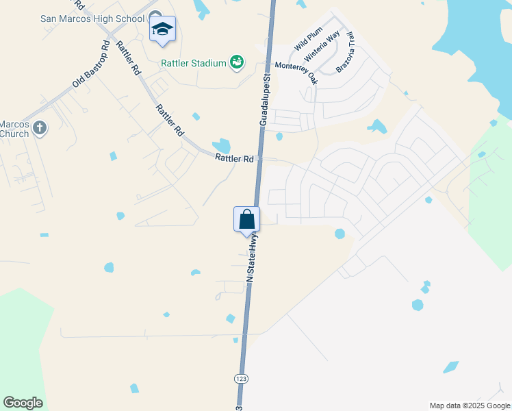 map of restaurants, bars, coffee shops, grocery stores, and more near 104 Dieter Drive in San Marcos