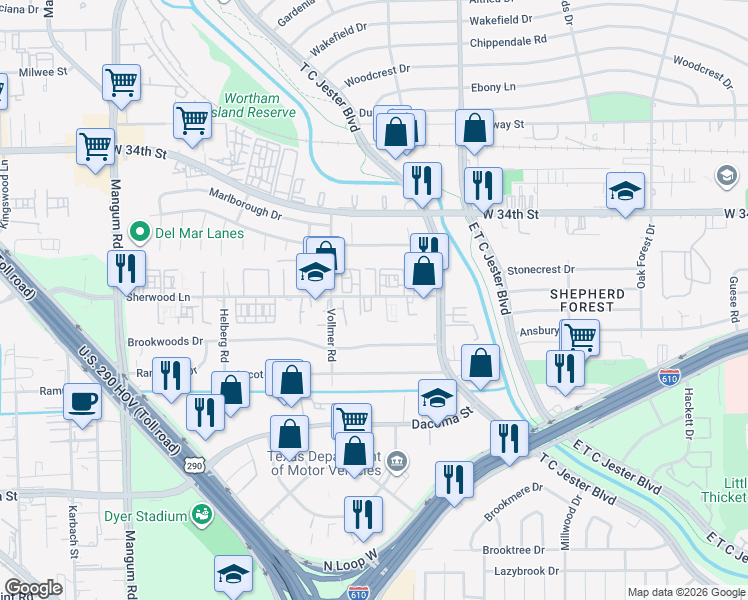 map of restaurants, bars, coffee shops, grocery stores, and more near 3821 Sherwood Lane in Houston