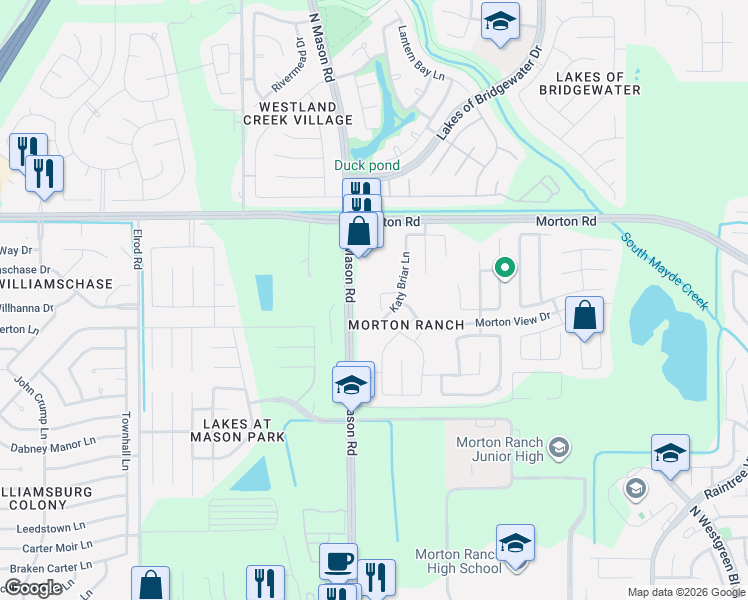 map of restaurants, bars, coffee shops, grocery stores, and more near 2723 Morning Gate Court in Katy
