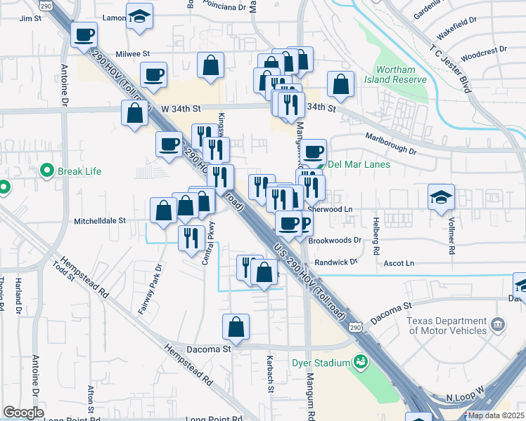 map of restaurants, bars, coffee shops, grocery stores, and more near 10690 Northwest Freeway in Houston