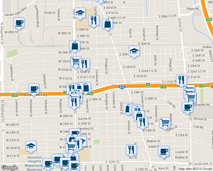map of restaurants, bars, coffee shops, grocery stores, and more near Arlington in Houston