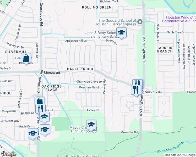 map of restaurants, bars, coffee shops, grocery stores, and more near 3107 Hickory Bend Court in Houston