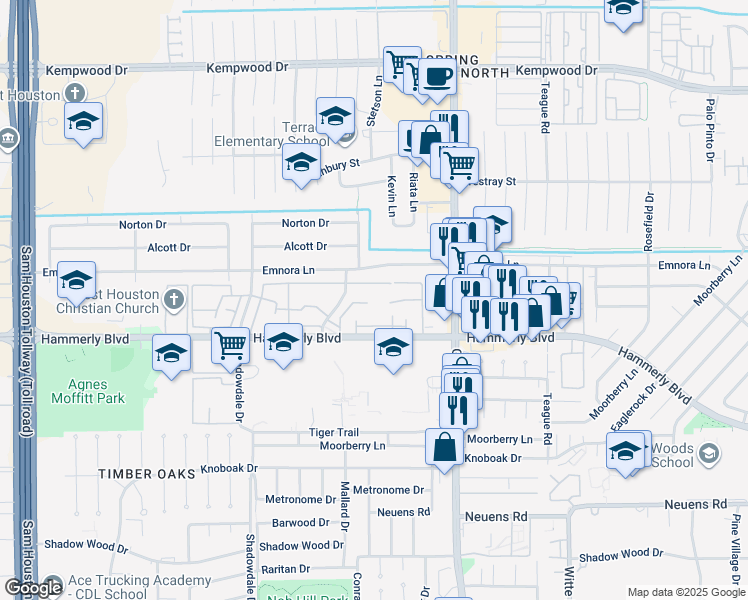 map of restaurants, bars, coffee shops, grocery stores, and more near 2256 Triway Lane in Houston