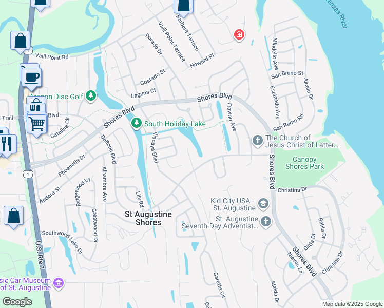 map of restaurants, bars, coffee shops, grocery stores, and more near 839 Ana Court in St. Augustine