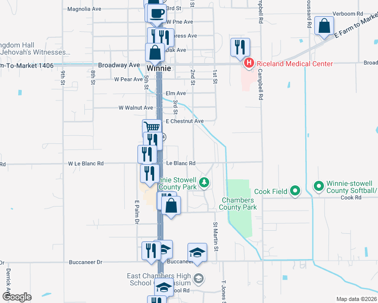 map of restaurants, bars, coffee shops, grocery stores, and more near 1188 2nd Street in Winnie