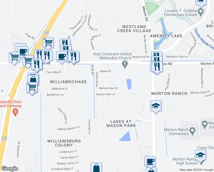 map of restaurants, bars, coffee shops, grocery stores, and more near 2707 Harte Court in Katy