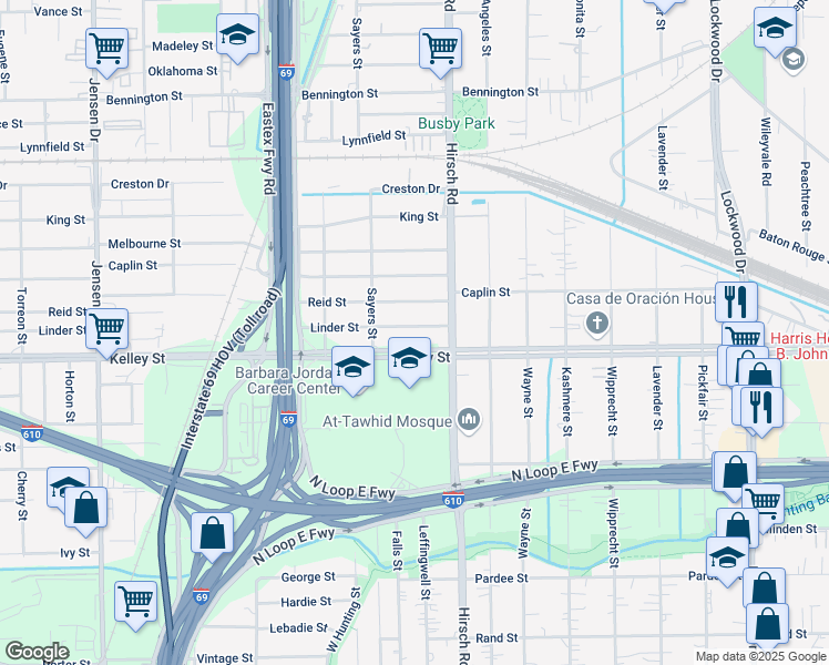map of restaurants, bars, coffee shops, grocery stores, and more near 4038 Linder Street in Houston