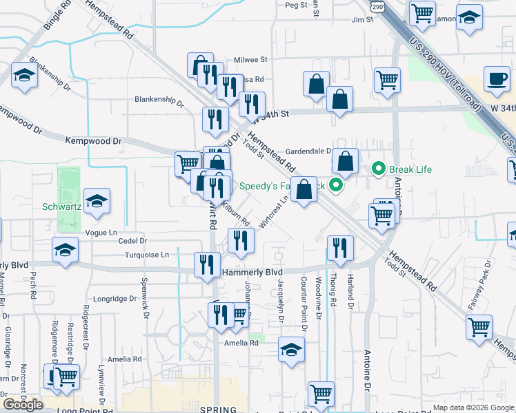 map of restaurants, bars, coffee shops, grocery stores, and more near 11527 Shoshone Rd in Houston