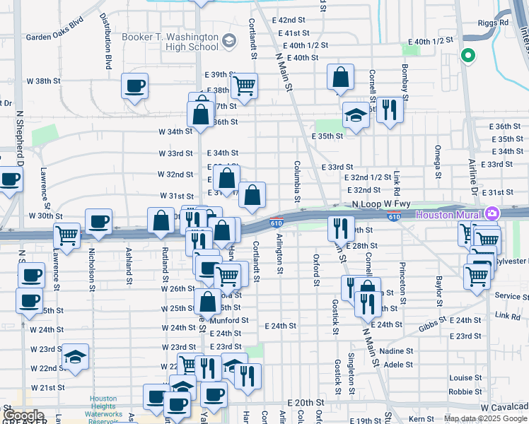 map of restaurants, bars, coffee shops, grocery stores, and more near 307 North Loop in Houston