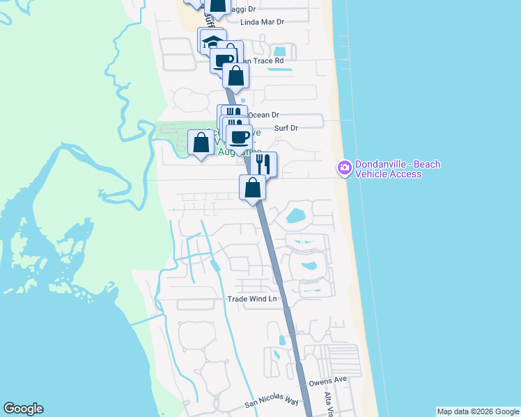 map of restaurants, bars, coffee shops, grocery stores, and more near 102 Rio Del Mar Street in St. Augustine