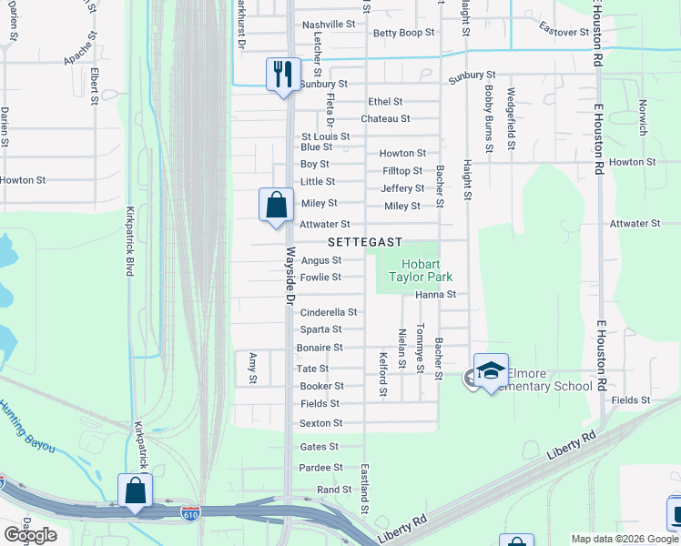 map of restaurants, bars, coffee shops, grocery stores, and more near 7985 Fowlie Street in Houston