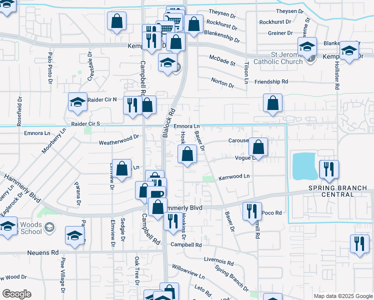 map of restaurants, bars, coffee shops, grocery stores, and more near 2301 Hoskins Drive in Houston