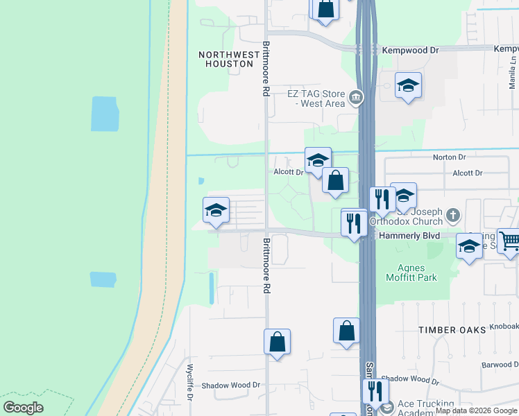 map of restaurants, bars, coffee shops, grocery stores, and more near 11002 Hammerly Boulevard in Houston