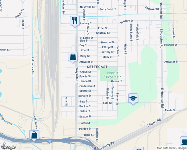 map of restaurants, bars, coffee shops, grocery stores, and more near 7985 Fowlie Street in Houston