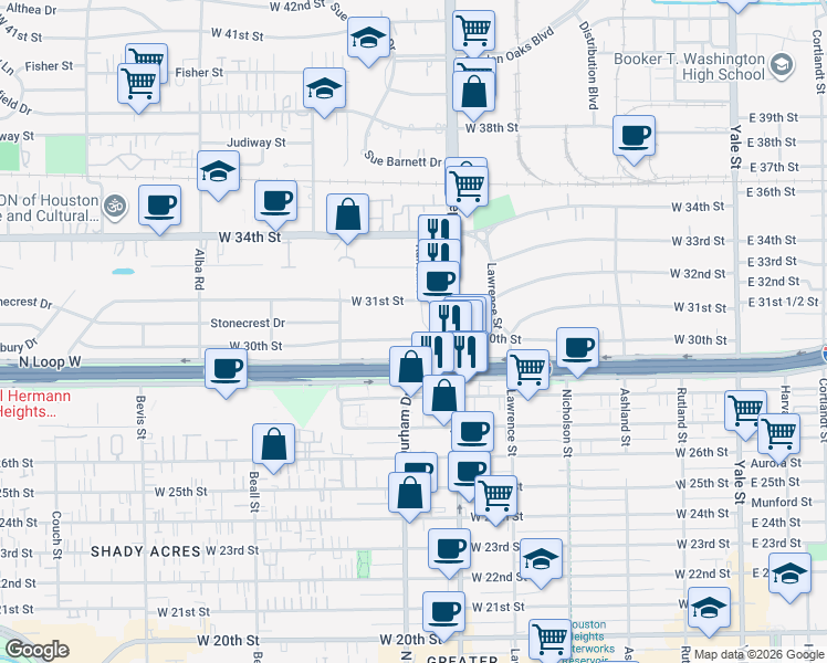 map of restaurants, bars, coffee shops, grocery stores, and more near 722 West 30th Street in Houston