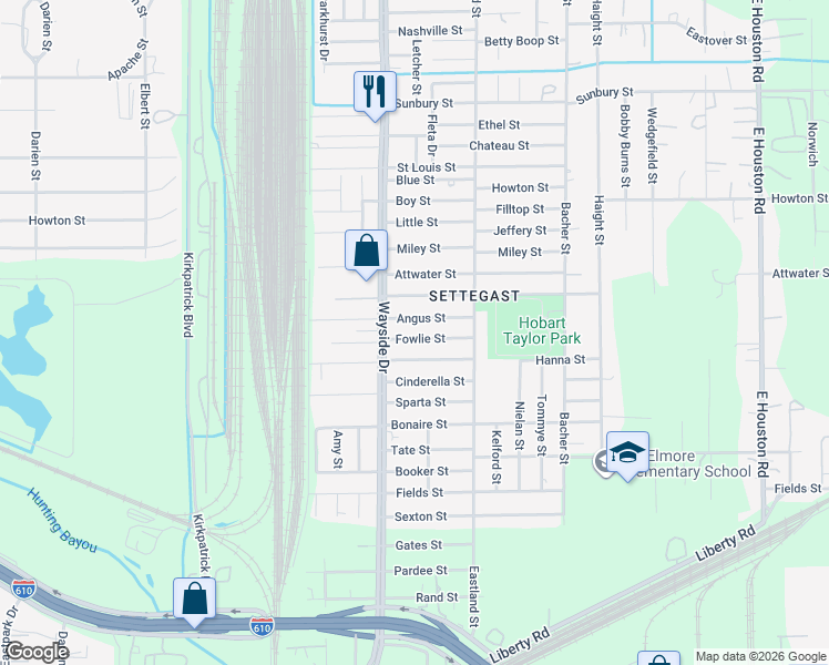 map of restaurants, bars, coffee shops, grocery stores, and more near 7943 Fowlie Street in Houston