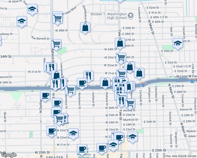 map of restaurants, bars, coffee shops, grocery stores, and more near 320 West 30th Street in Houston