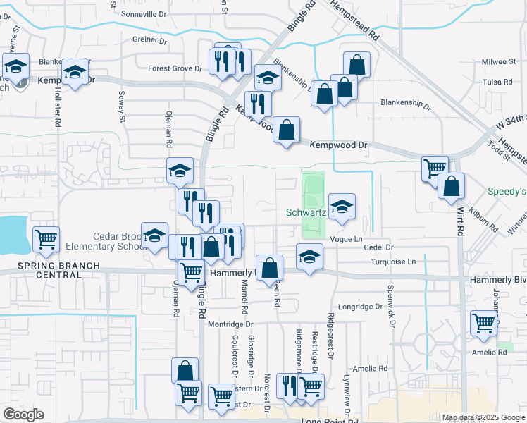 map of restaurants, bars, coffee shops, grocery stores, and more near 2209 Pech Rd in Houston