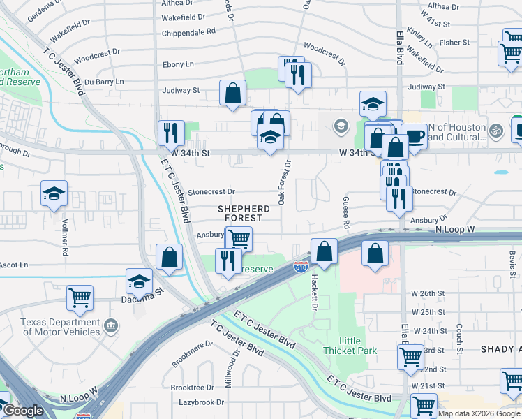 map of restaurants, bars, coffee shops, grocery stores, and more near 2011 Bron Holly Drive in Houston