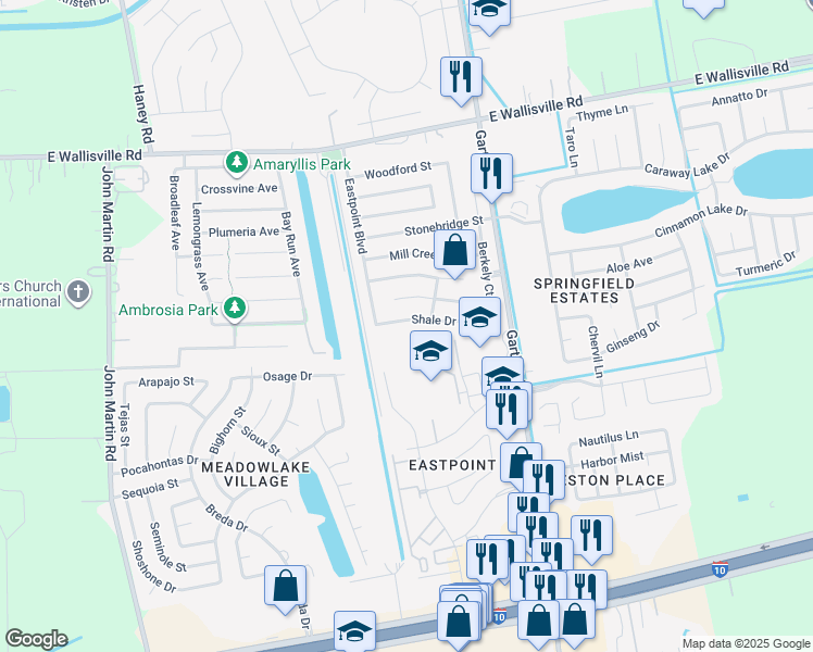 map of restaurants, bars, coffee shops, grocery stores, and more near 4722 Shale Drive in Baytown