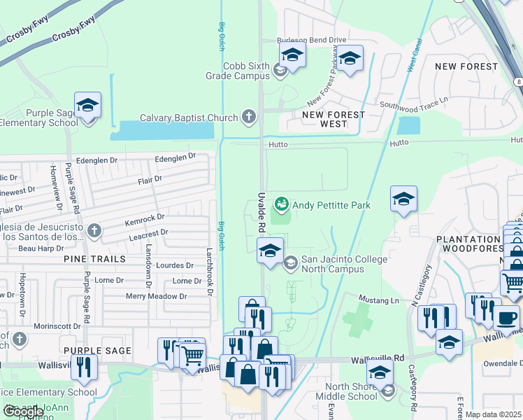 map of restaurants, bars, coffee shops, grocery stores, and more near 385 Uvalde Road in Houston