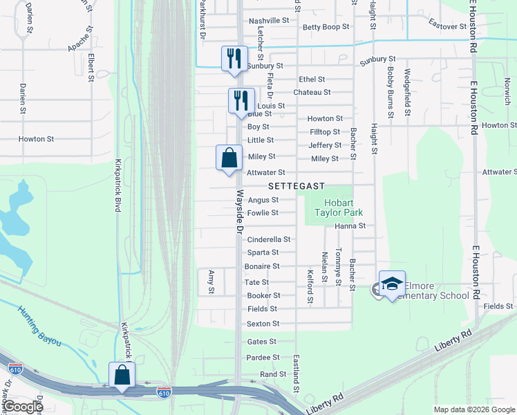 map of restaurants, bars, coffee shops, grocery stores, and more near 7943 Fowlie Street in Houston