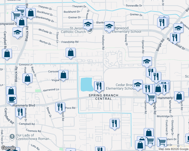 map of restaurants, bars, coffee shops, grocery stores, and more near 8829 Lakeshore Bend Drive in Houston