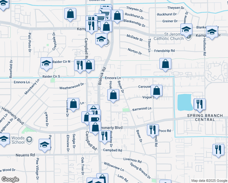 map of restaurants, bars, coffee shops, grocery stores, and more near 2301 Hoskins Drive in Houston