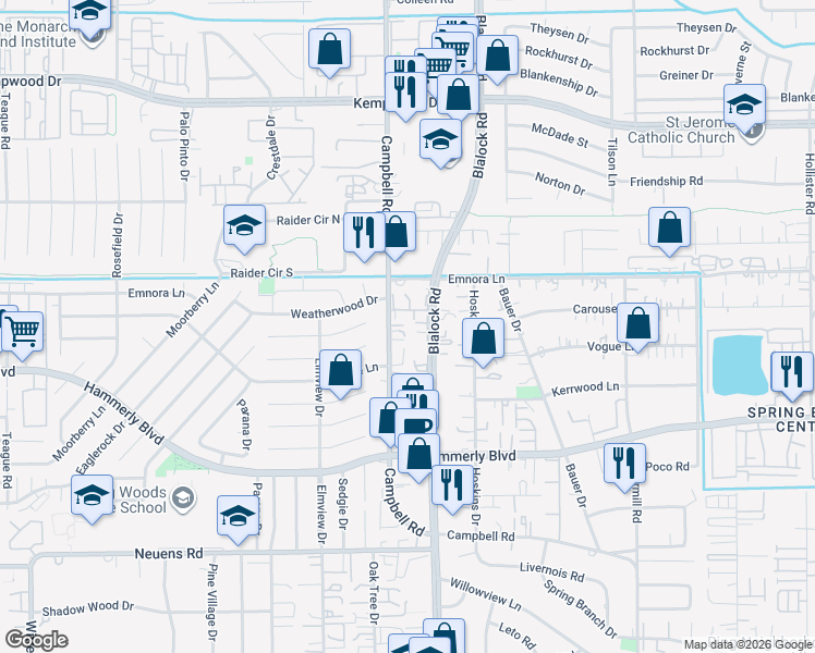 map of restaurants, bars, coffee shops, grocery stores, and more near 2302 Campbell Road in Houston