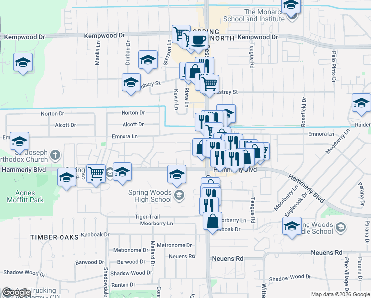 map of restaurants, bars, coffee shops, grocery stores, and more near 10314 Hammerly Boulevard in Houston