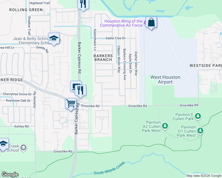 map of restaurants, bars, coffee shops, grocery stores, and more near 18219 Barkers Green Way in Houston