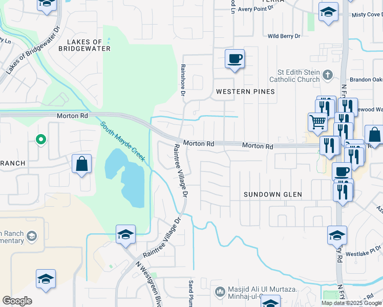 map of restaurants, bars, coffee shops, grocery stores, and more near 3014 Rainmont Lane in Katy