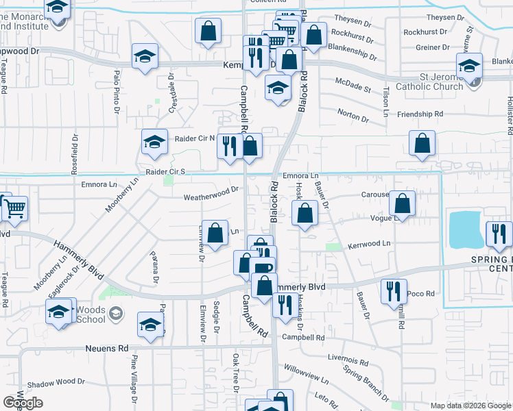 map of restaurants, bars, coffee shops, grocery stores, and more near 2302 Campbell Road in Houston