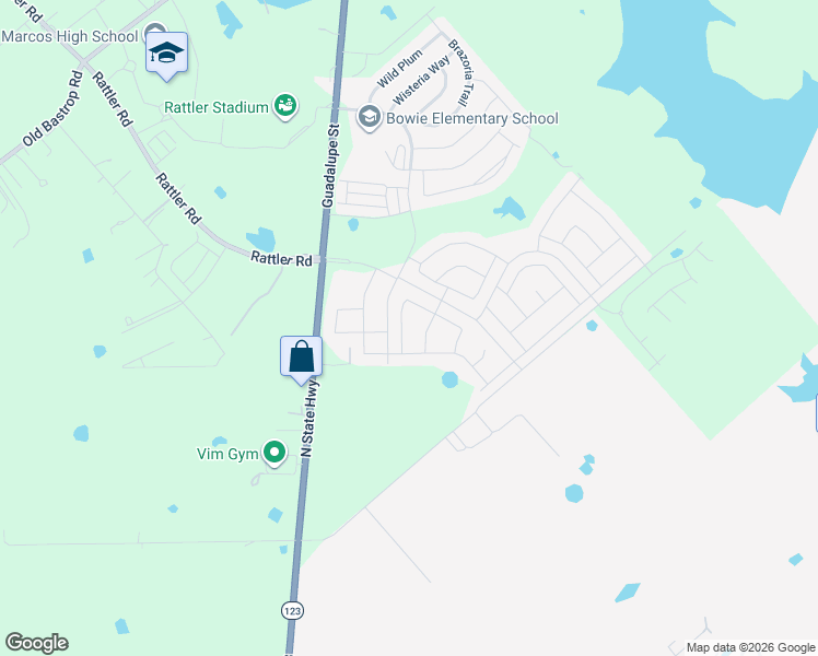 map of restaurants, bars, coffee shops, grocery stores, and more near 125 Finn Trail in San Marcos