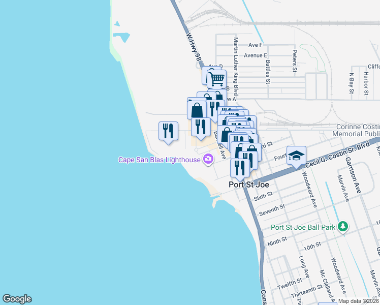 map of restaurants, bars, coffee shops, grocery stores, and more near 194 Dockside Dr in Port St Joe