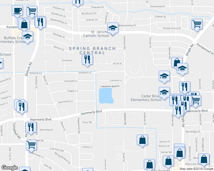 map of restaurants, bars, coffee shops, grocery stores, and more near 8906 Lakeshore Bend Drive in Houston