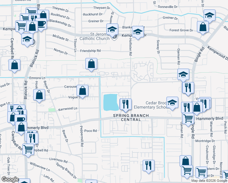 map of restaurants, bars, coffee shops, grocery stores, and more near 8911 Lakeshore Bend Drive in Houston
