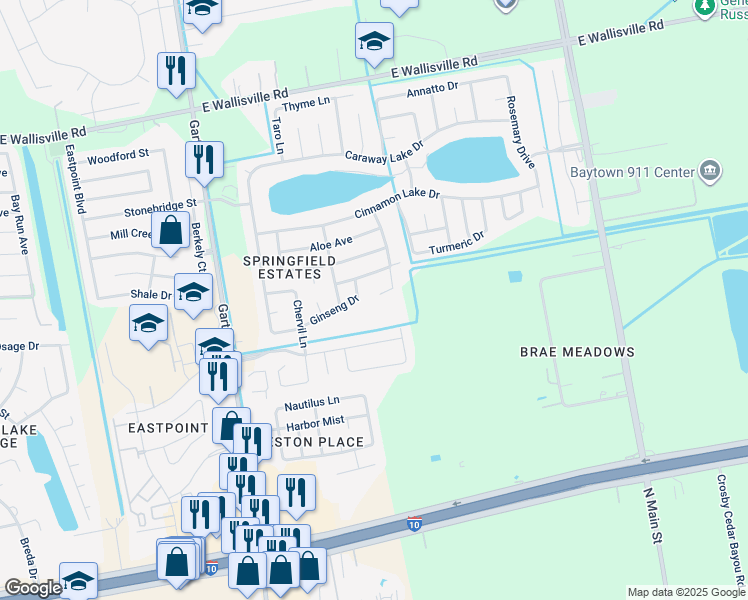 map of restaurants, bars, coffee shops, grocery stores, and more near 5403 Echinacea Circle in Baytown