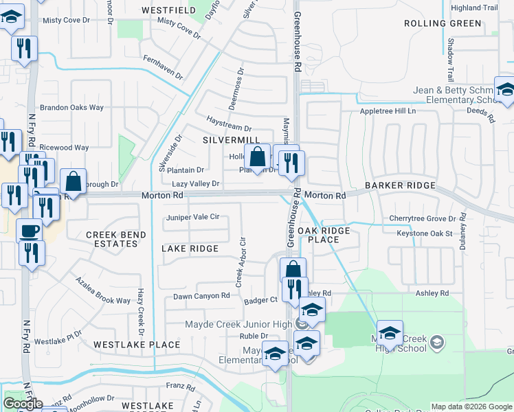 map of restaurants, bars, coffee shops, grocery stores, and more near 19207 Clevera Walk Lane in Houston