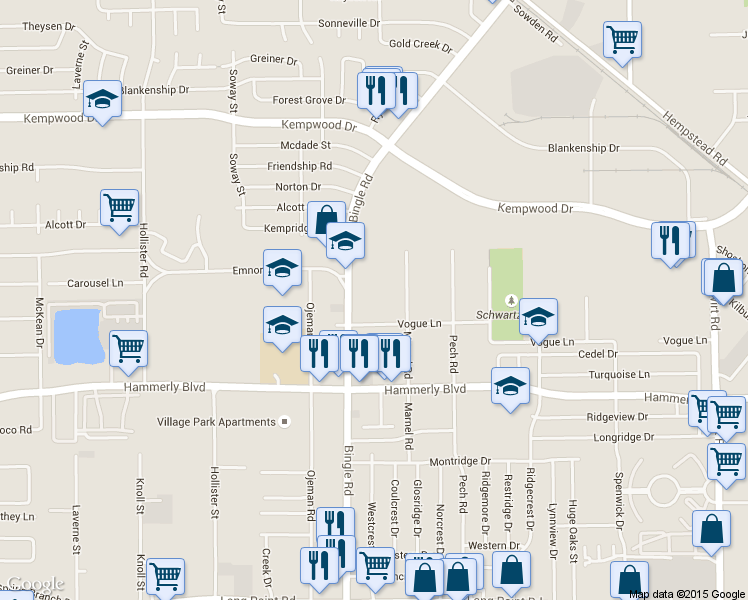 map of restaurants, bars, coffee shops, grocery stores, and more near 2210 Bingle Road in Houston
