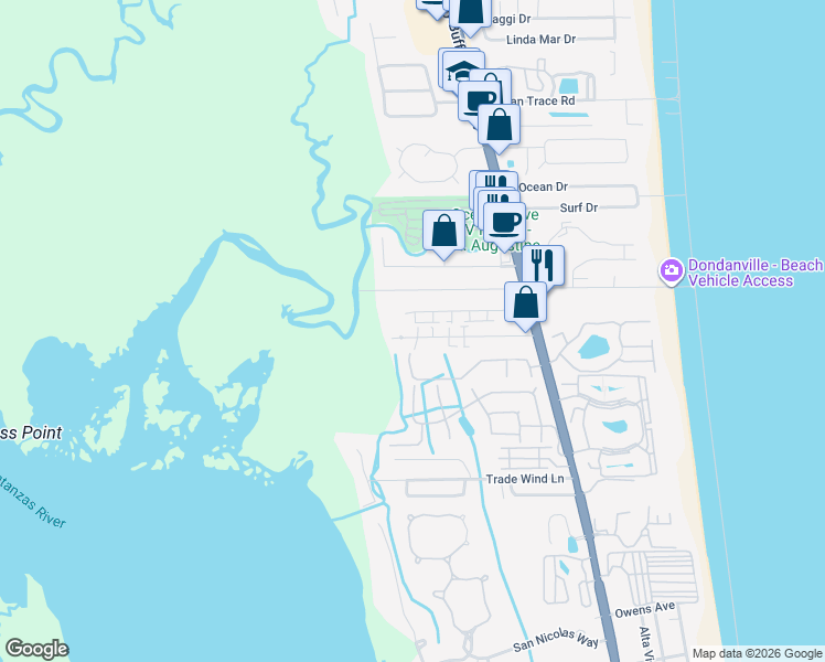 map of restaurants, bars, coffee shops, grocery stores, and more near 128 Rio Del Mar Street in St. Augustine