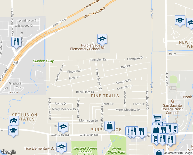map of restaurants, bars, coffee shops, grocery stores, and more near 6203 Purple Sage Road in Houston
