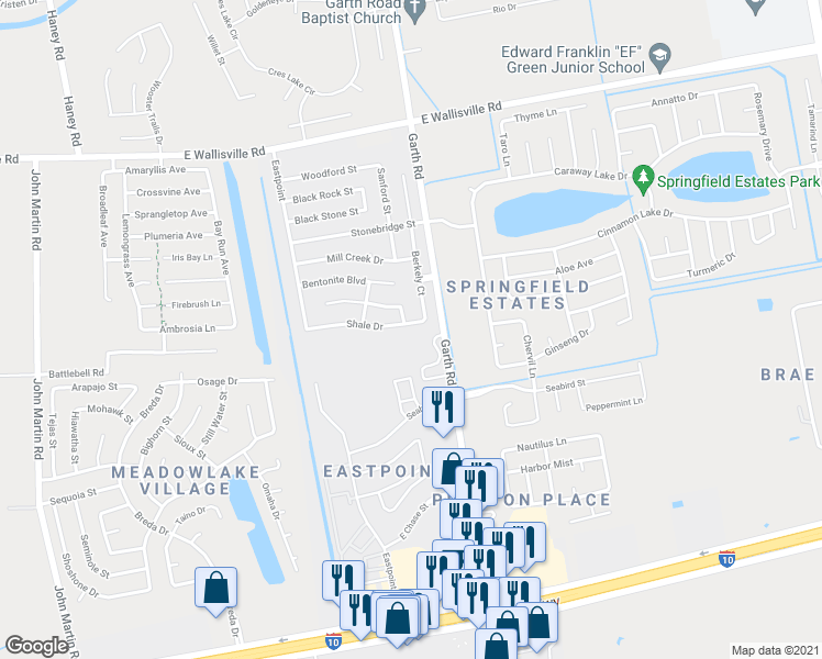 map of restaurants, bars, coffee shops, grocery stores, and more near 5006 Shale Drive in Baytown