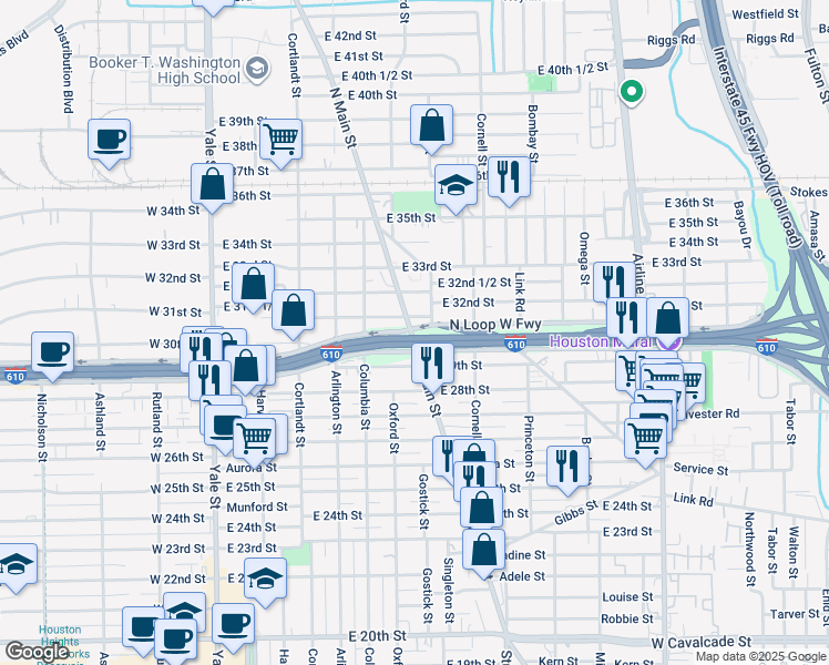 map of restaurants, bars, coffee shops, grocery stores, and more near 610 North Loop in Houston