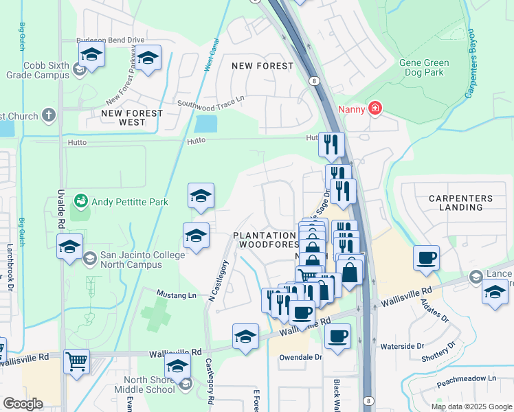 map of restaurants, bars, coffee shops, grocery stores, and more near 607 Field Run Court in Houston