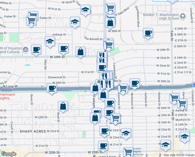 map of restaurants, bars, coffee shops, grocery stores, and more near 722 West 30th Street in Houston