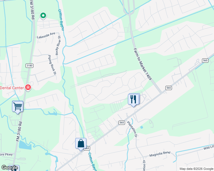 map of restaurants, bars, coffee shops, grocery stores, and more near 5738 Rainbow Road in Mont Belvieu