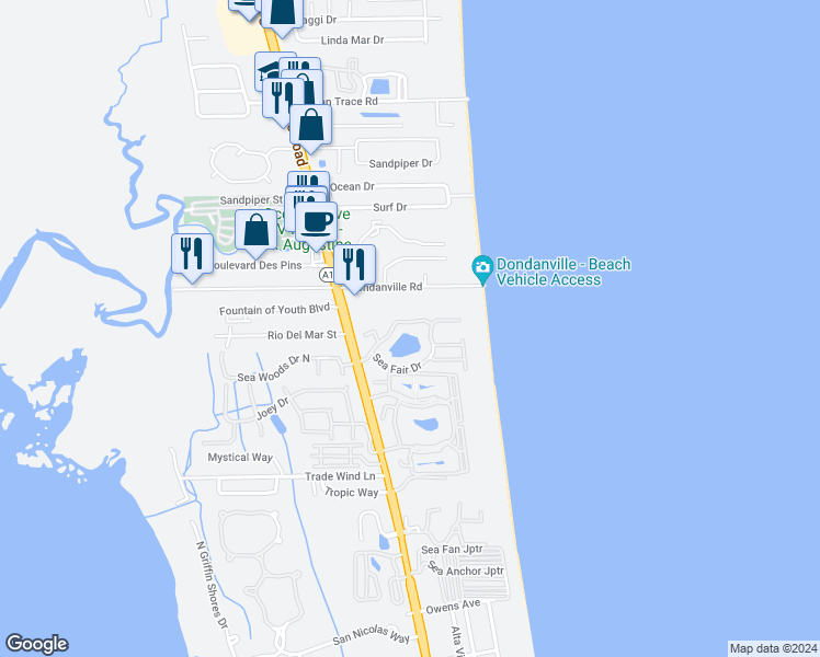 map of restaurants, bars, coffee shops, grocery stores, and more near 1728 Sea Fair Drive in Saint Augustine