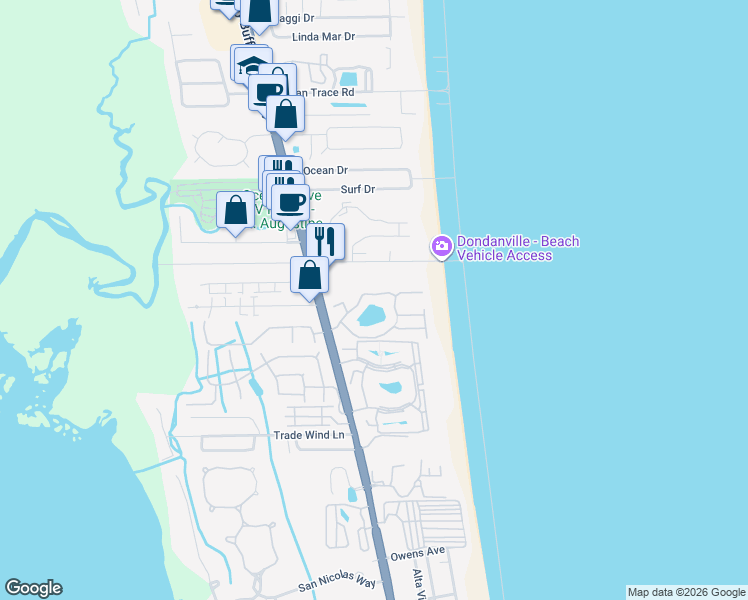 map of restaurants, bars, coffee shops, grocery stores, and more near 1734 Sea Fair Drive in St. Augustine